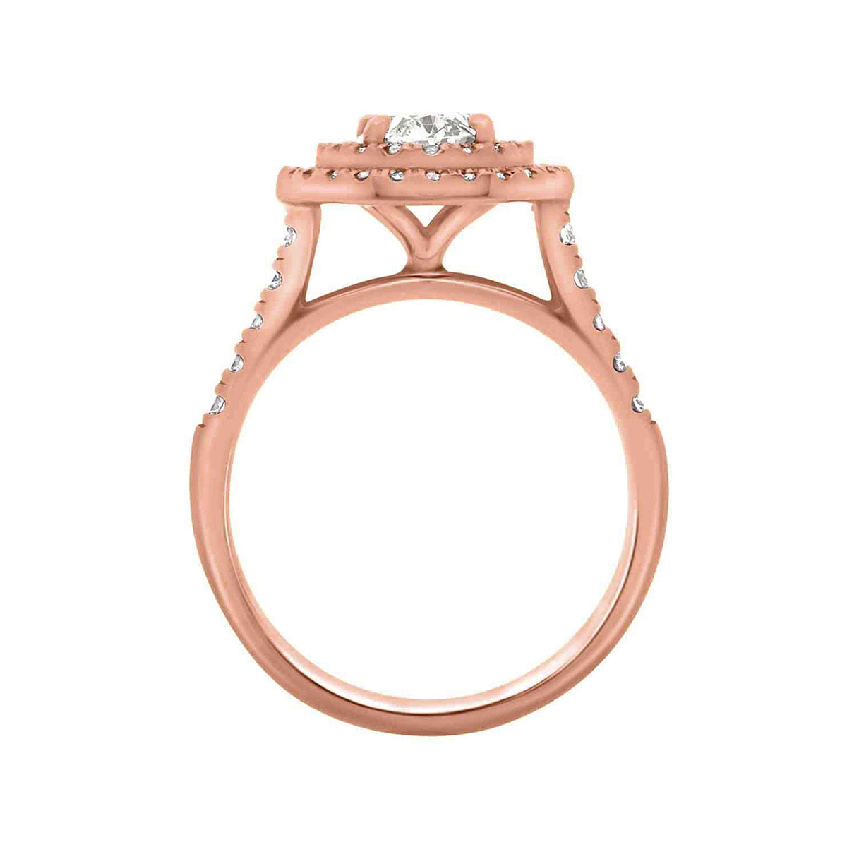 Double Halo Oval Engagement Ring In rose gold in an upright position