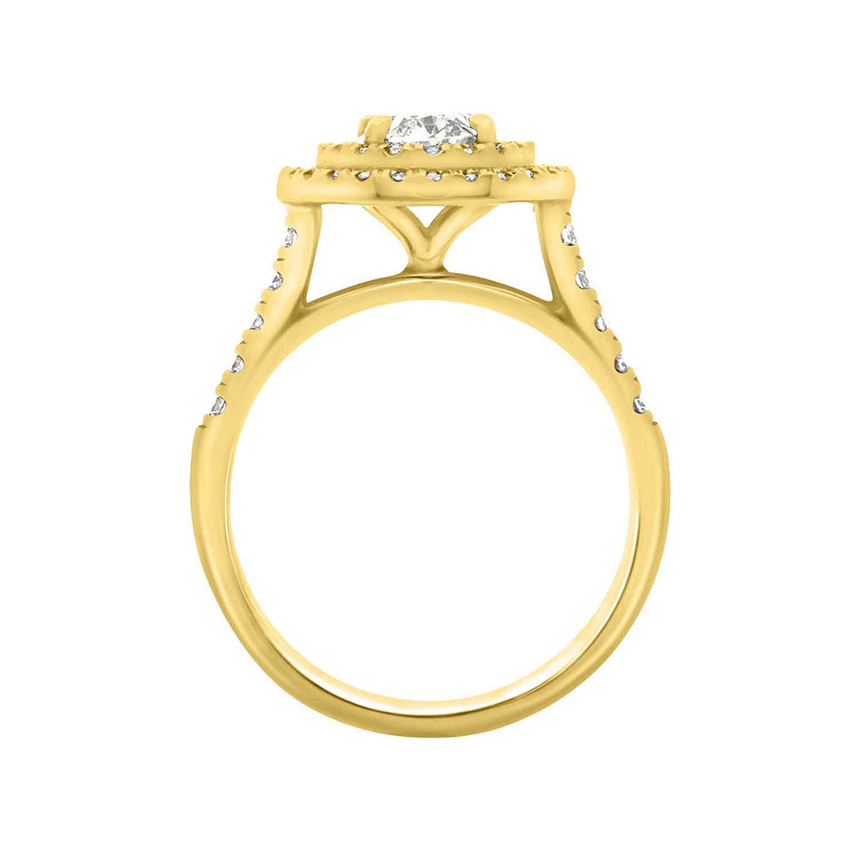 Double Halo Oval Engagement Ring In yellow gold in an upright position