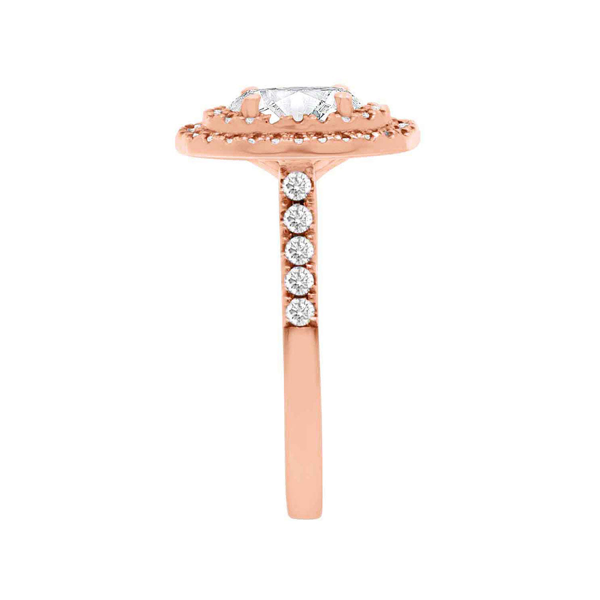 Double Halo Oval Engagement Ring In rose gold in a side view position