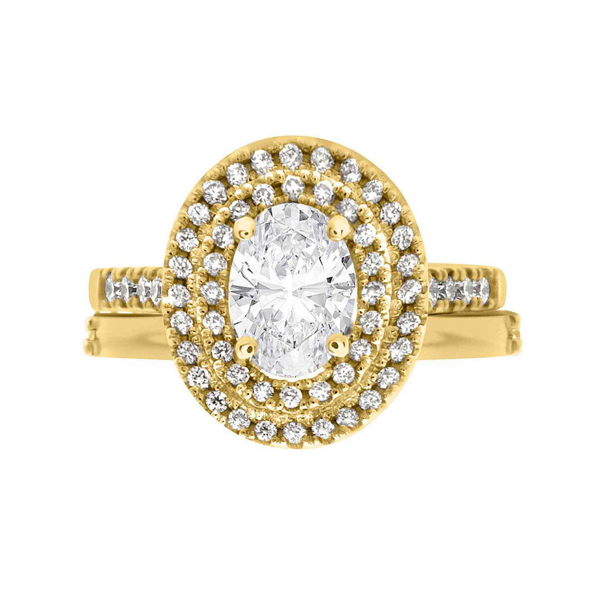 Double Halo Oval Engagement Ring In yellow gold with a matching yellow gold wedding ring