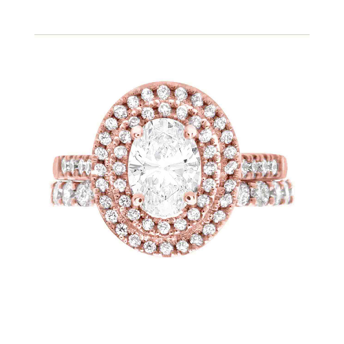 Double Halo Oval Engagement Ring In rose gold with a matching diamond set wedding ring