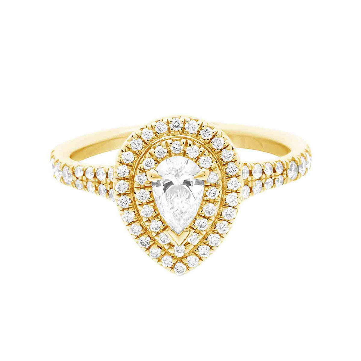 Double Halo Pear Diamond Ring in yellow gold