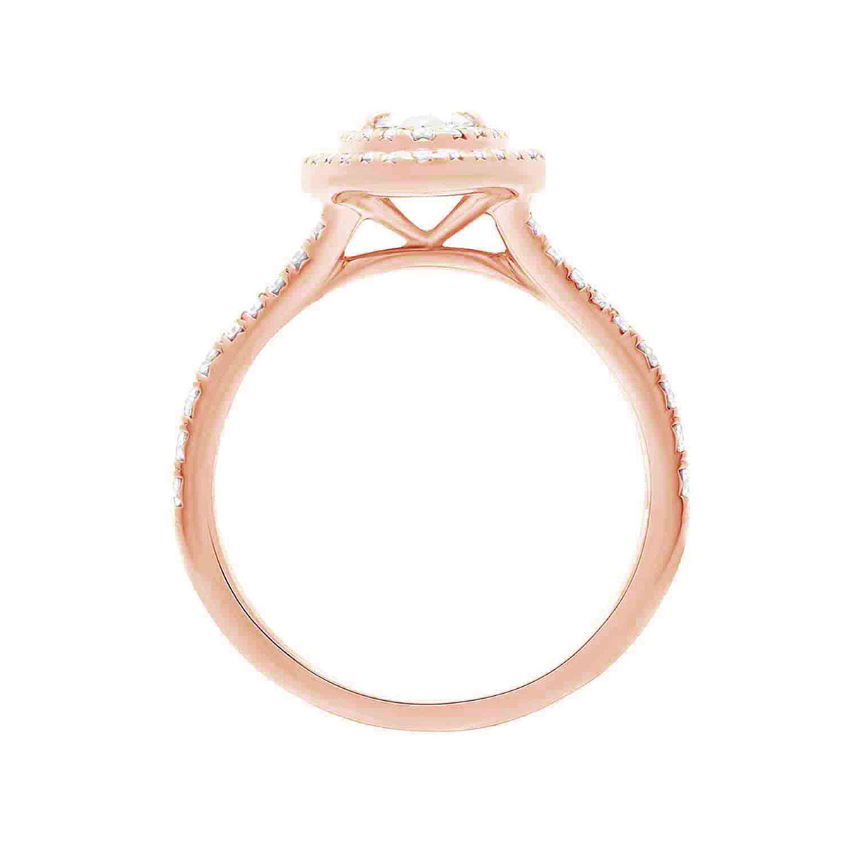 Double Halo Pear Diamond Ring in rose gold in a vertical position