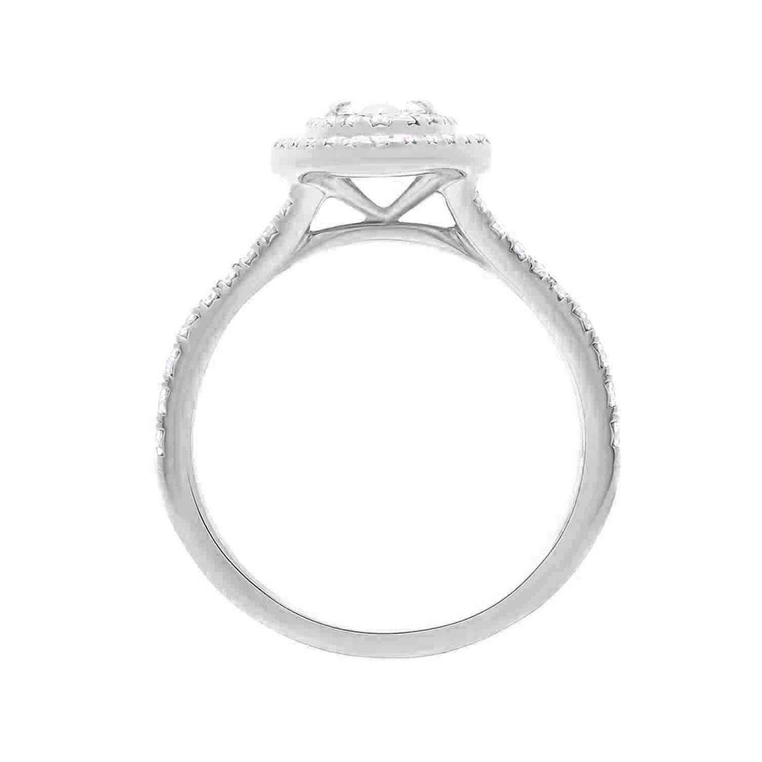 Double Halo Pear Diamond Ring made from white gold and diamonds, in an upright pose
