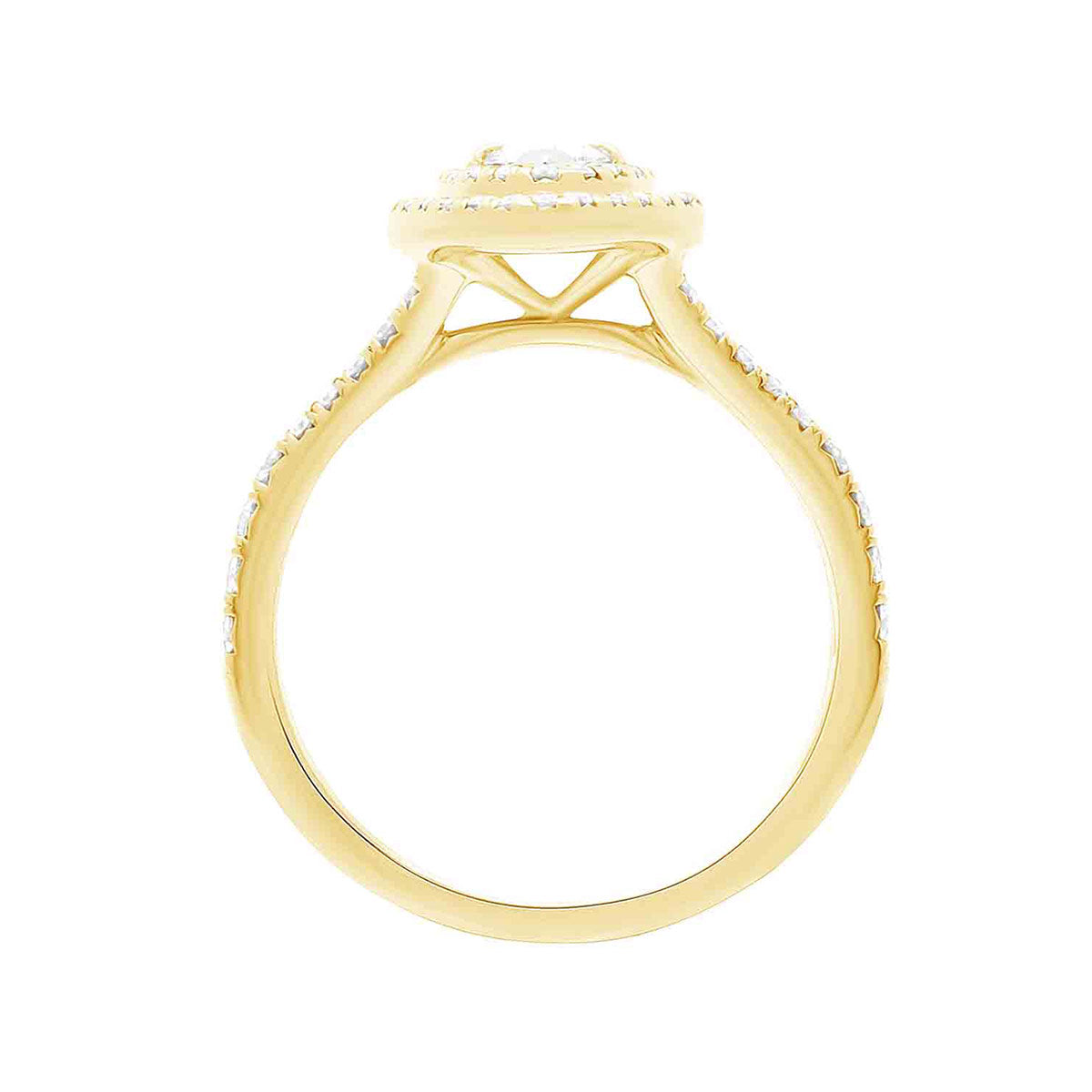 Double Halo Pear Diamond Ring in yellow gold in a vertical position