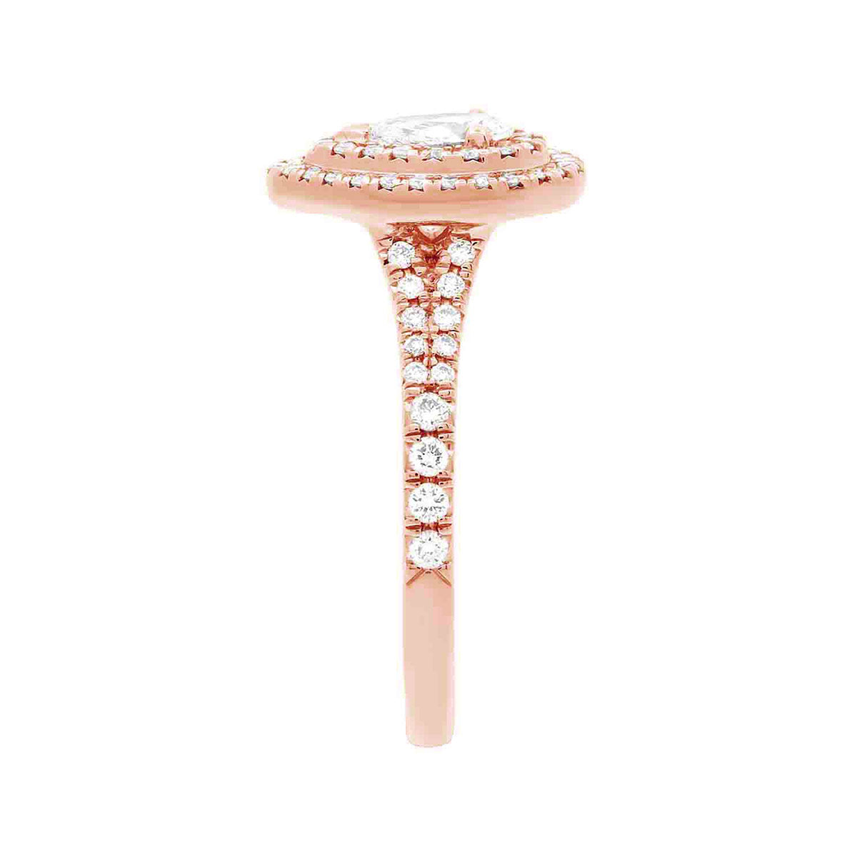 Double Halo Pear Diamond Ring in rose gold in a side view position