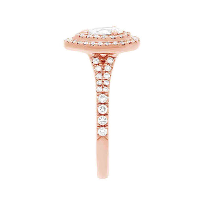 Double Halo Pear Diamond Ring in rose gold in a side view position