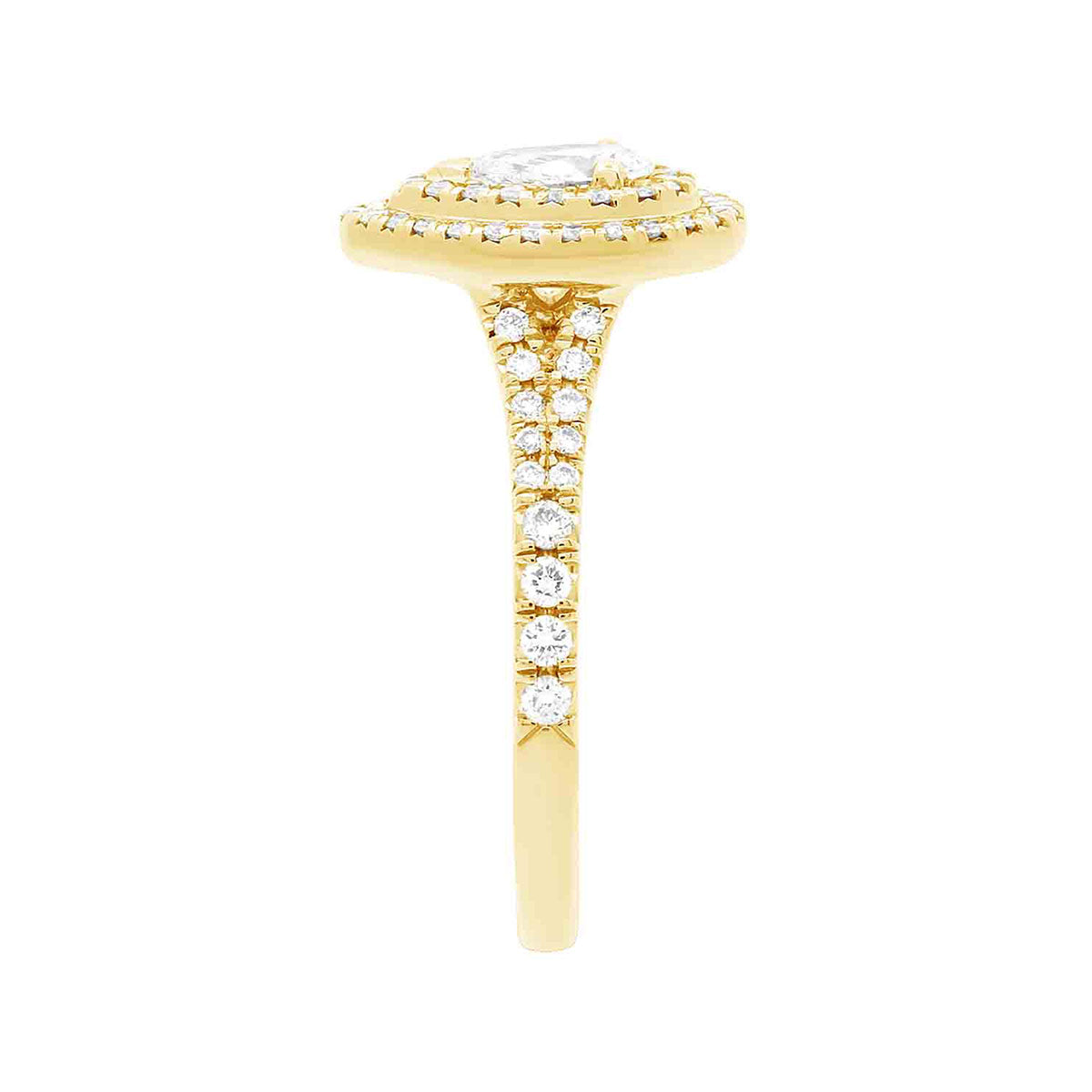 Double Halo Pear Diamond Ring in yellow gold in a side view position