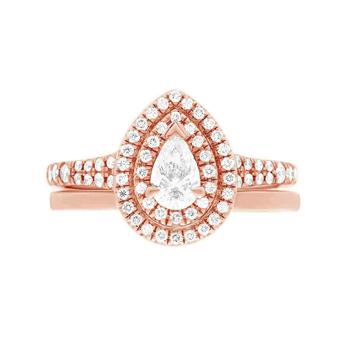 Double Halo Pear Diamond Ring in rose gold in a vertical position