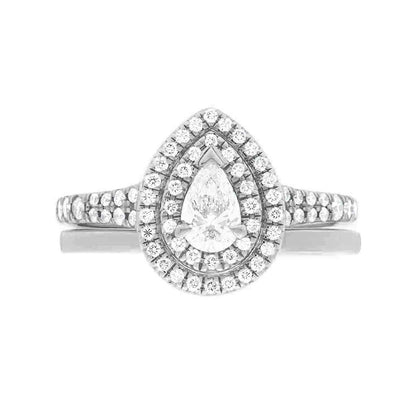 Double Halo Pear Diamond Ring in white gold with a matching wedding ring