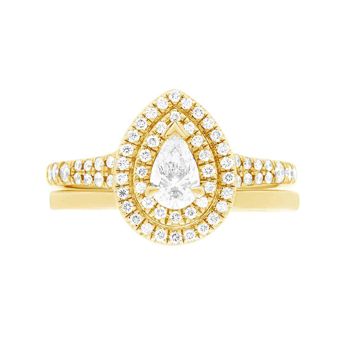 Double Halo Pear Diamond Ring in yellow gold pictured with a matching yellow gold wedding ring