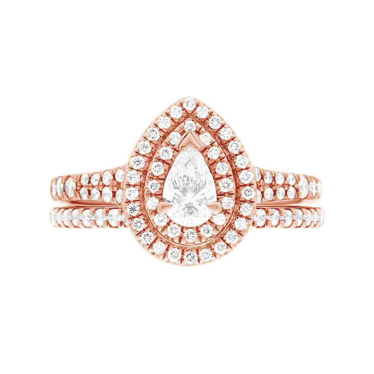 Double Halo Pear Diamond Ring in rose gold pictured with a matching diamond wedding ring