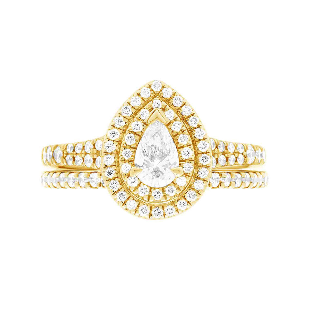 Double Halo Pear Diamond Ring in yellow gold in a vertical position pictured with a matching yellow gold and diamond wedding ring