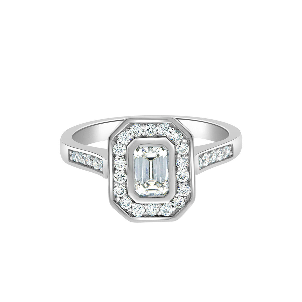 Emerald Cut Halo Diamond Engagement Ring with Platinum Set Band - 'Cara'