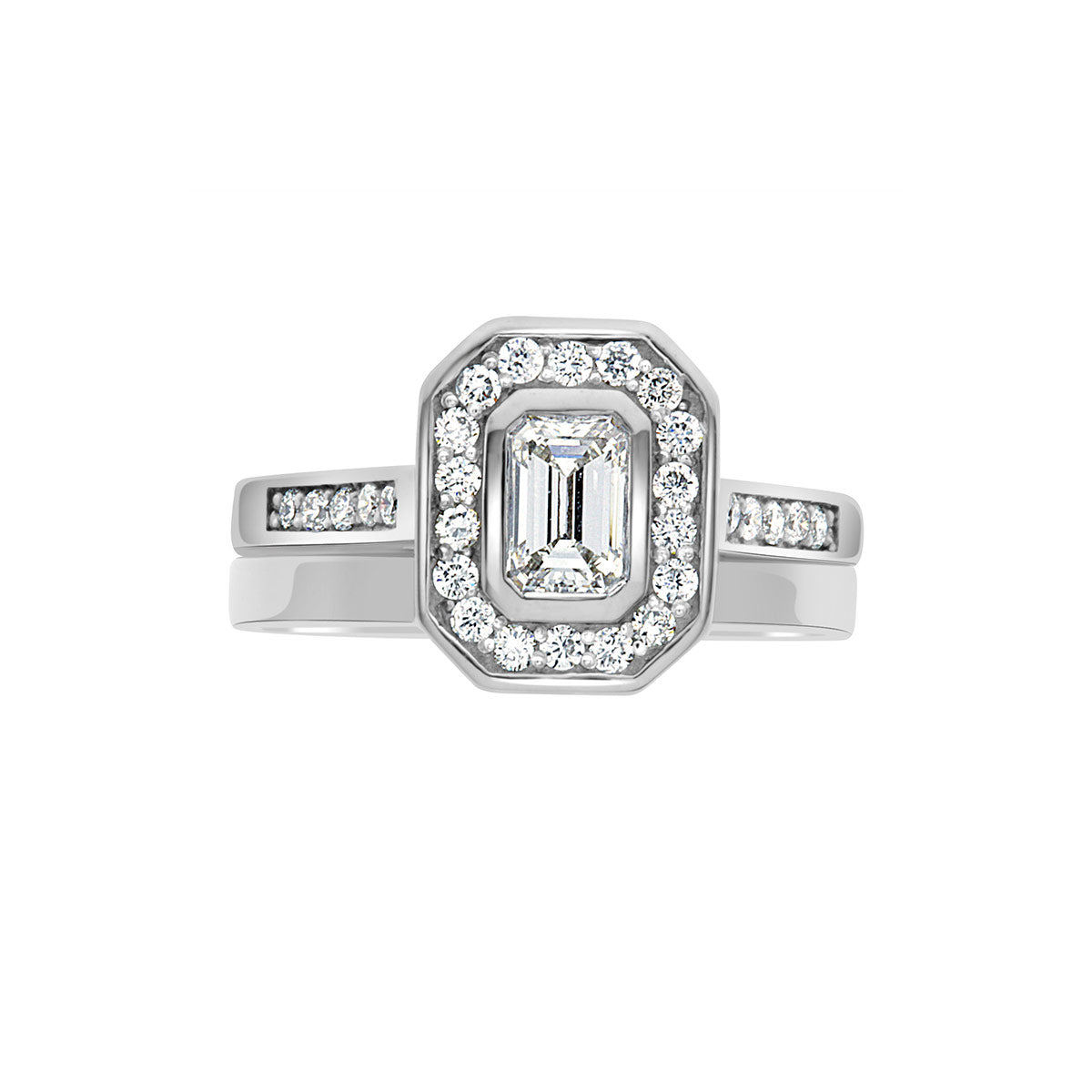 Emerald Cut Halo Diamond Engagement Ring with Platinum Set Band - 'Cara'