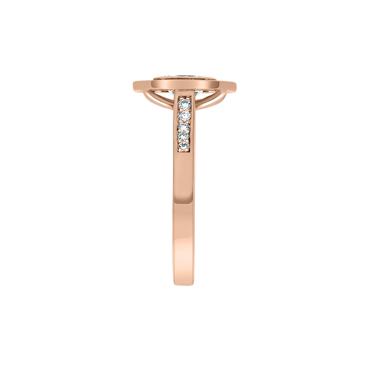 Emerald Cut Halo Ring in rose gold from a side view standing vertical