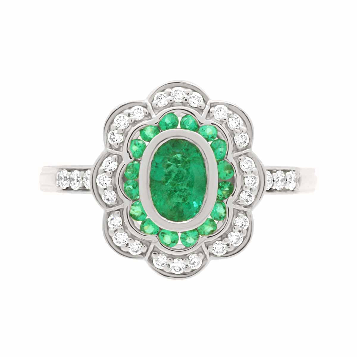 Diamond Halo Vintage Emerald Engagement Ring with Platinum Set Band - 'Alise'