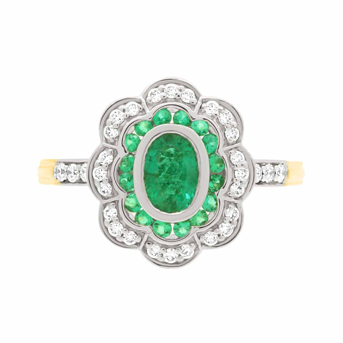 Diamond Halo Vintage Emerald Engagement Ring with Yellow Gold Set Band - 'Alise'