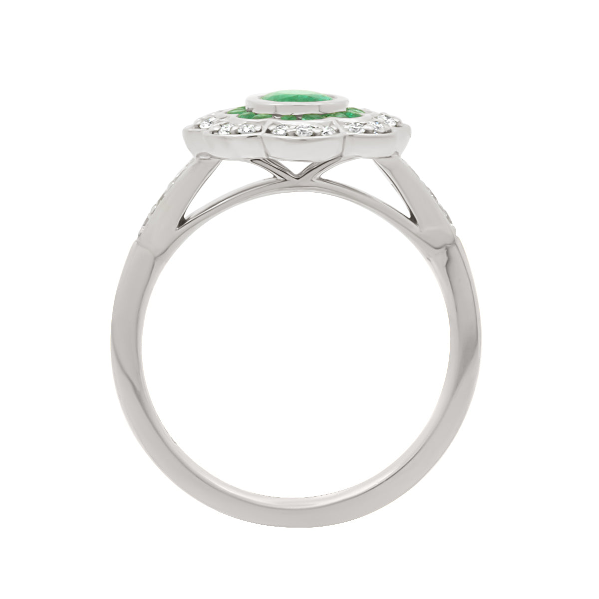 Diamond Halo Vintage Emerald Engagement Ring with White Gold Set Band - 'Alise'