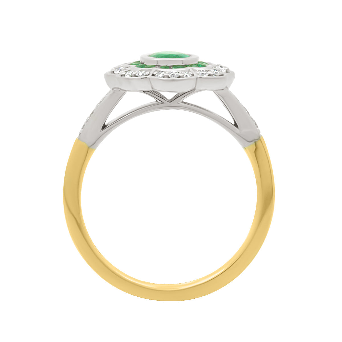 Diamond Halo Vintage Emerald Engagement Ring with Yellow Gold Set Band - 'Alise'