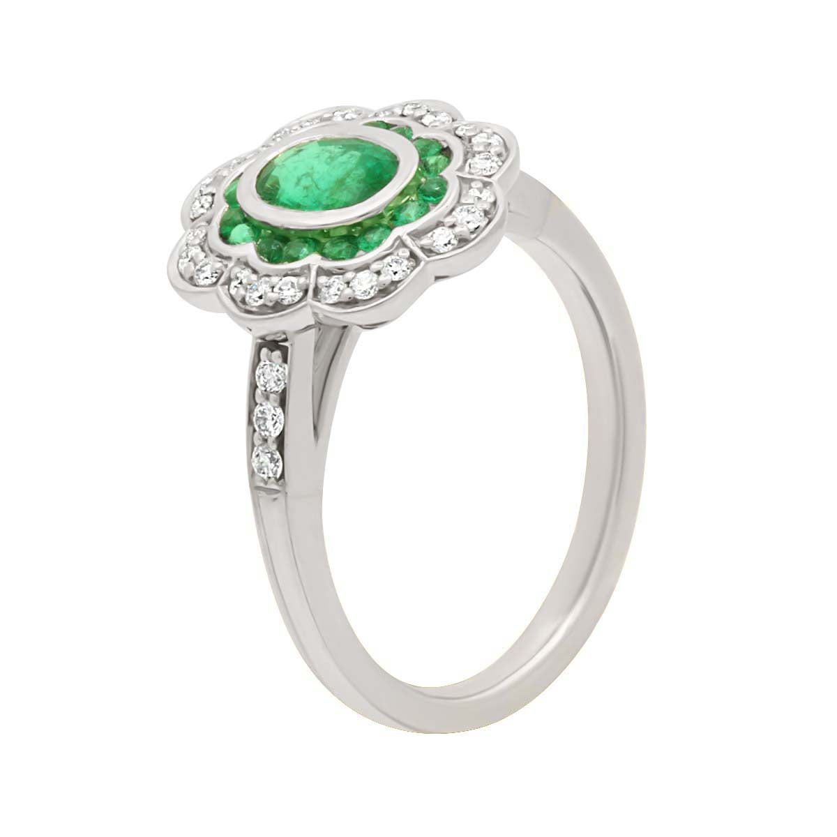 Diamond Halo Vintage Emerald Engagement Ring with White Gold Set Band - 'Alise'