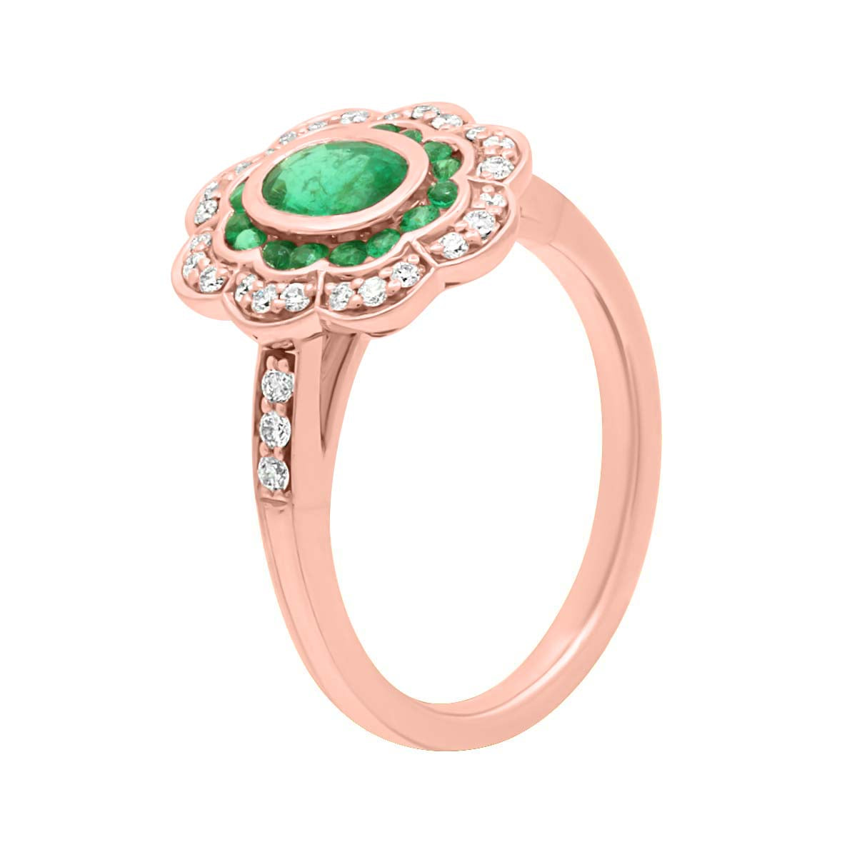 Diamond Halo Vintage Emerald Engagement Ring with Rose Gold Set Band - 'Alise'