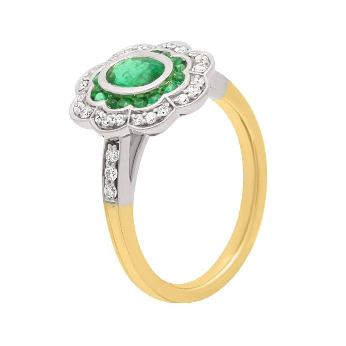 Diamond Halo Vintage Emerald Engagement Ring with Yellow Gold Set Band - 'Alise'