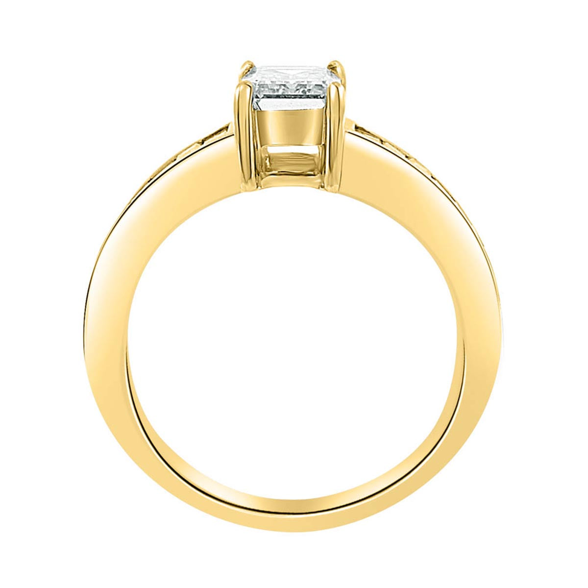 Emerald Cut Engagement Ring made from yellow gold standing upright standing vertical