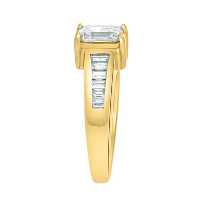 Emerald Cut Engagement Ring made from yellow gold standing upright