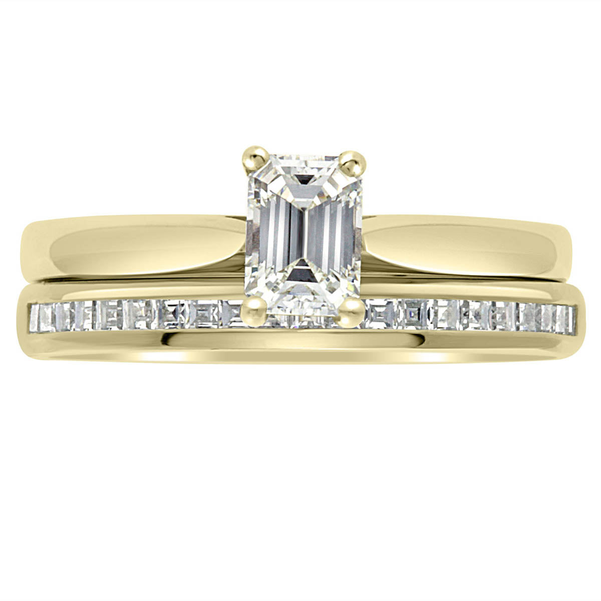 Emerald Cut Ring Solitaire Engagement Ring in yellow gold with a diamond set wedding ring