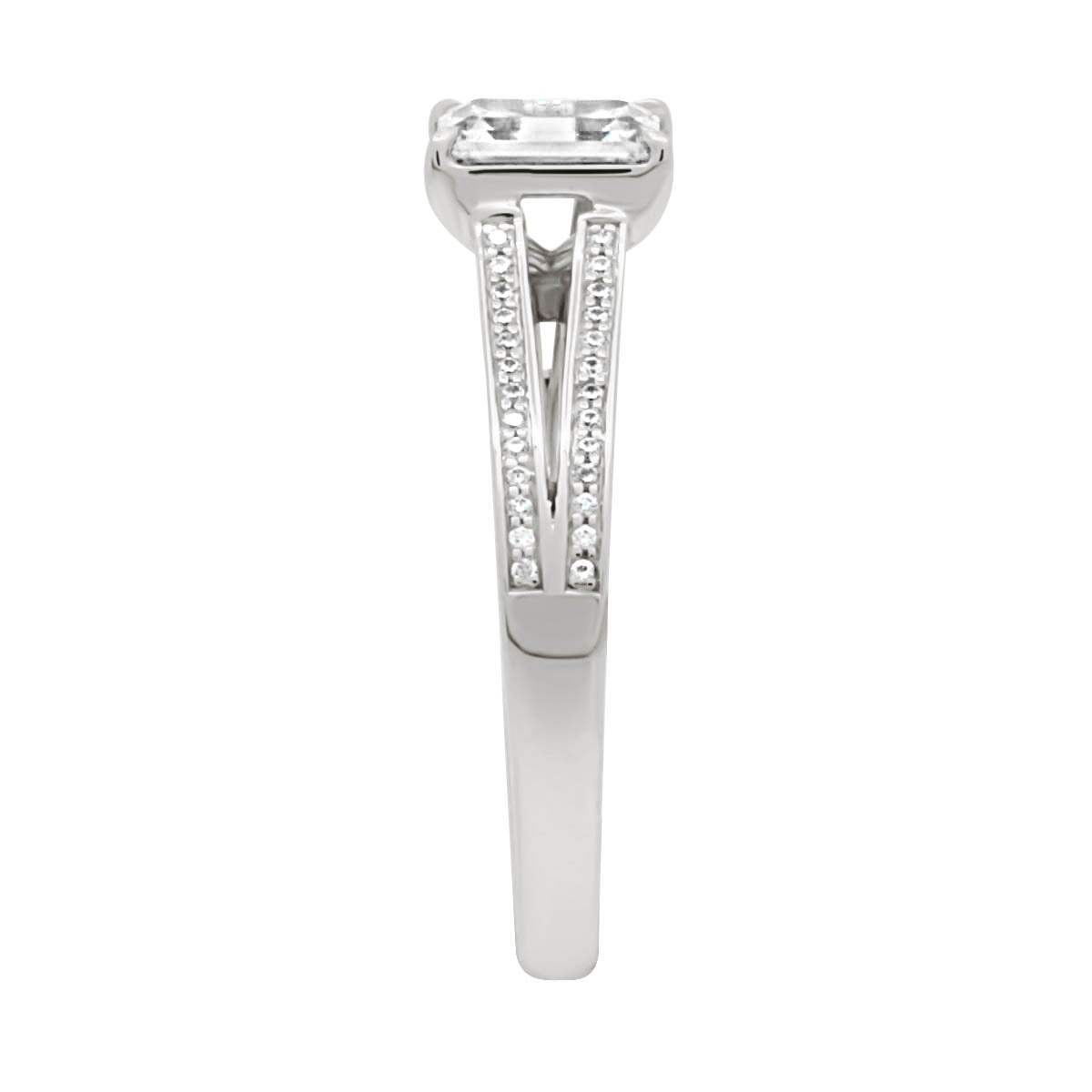 Emerald Cut With Split Shoulders in platinum in a side angle position