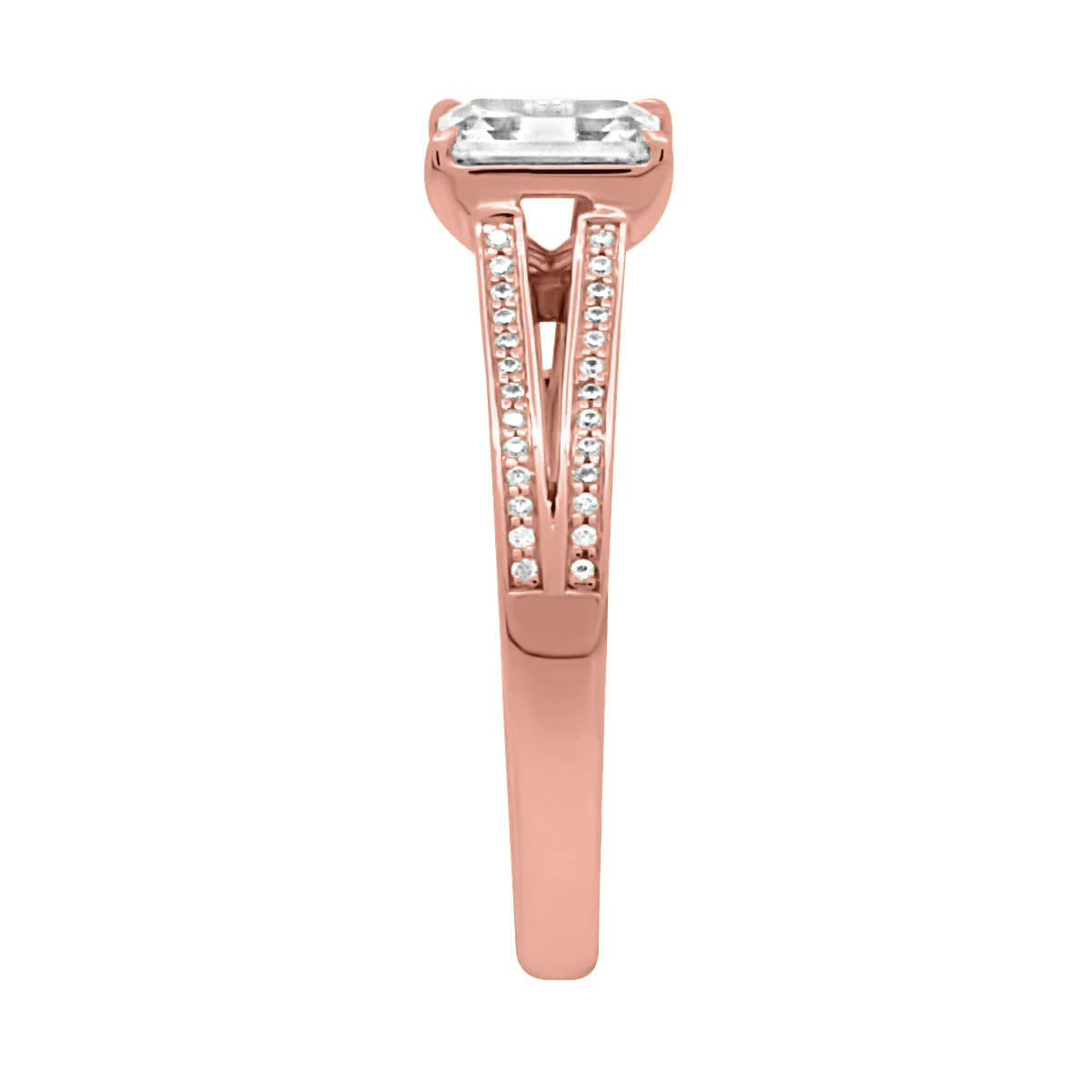 Emerald Cut With Split Shoulders in rose gold in an upright side angle position