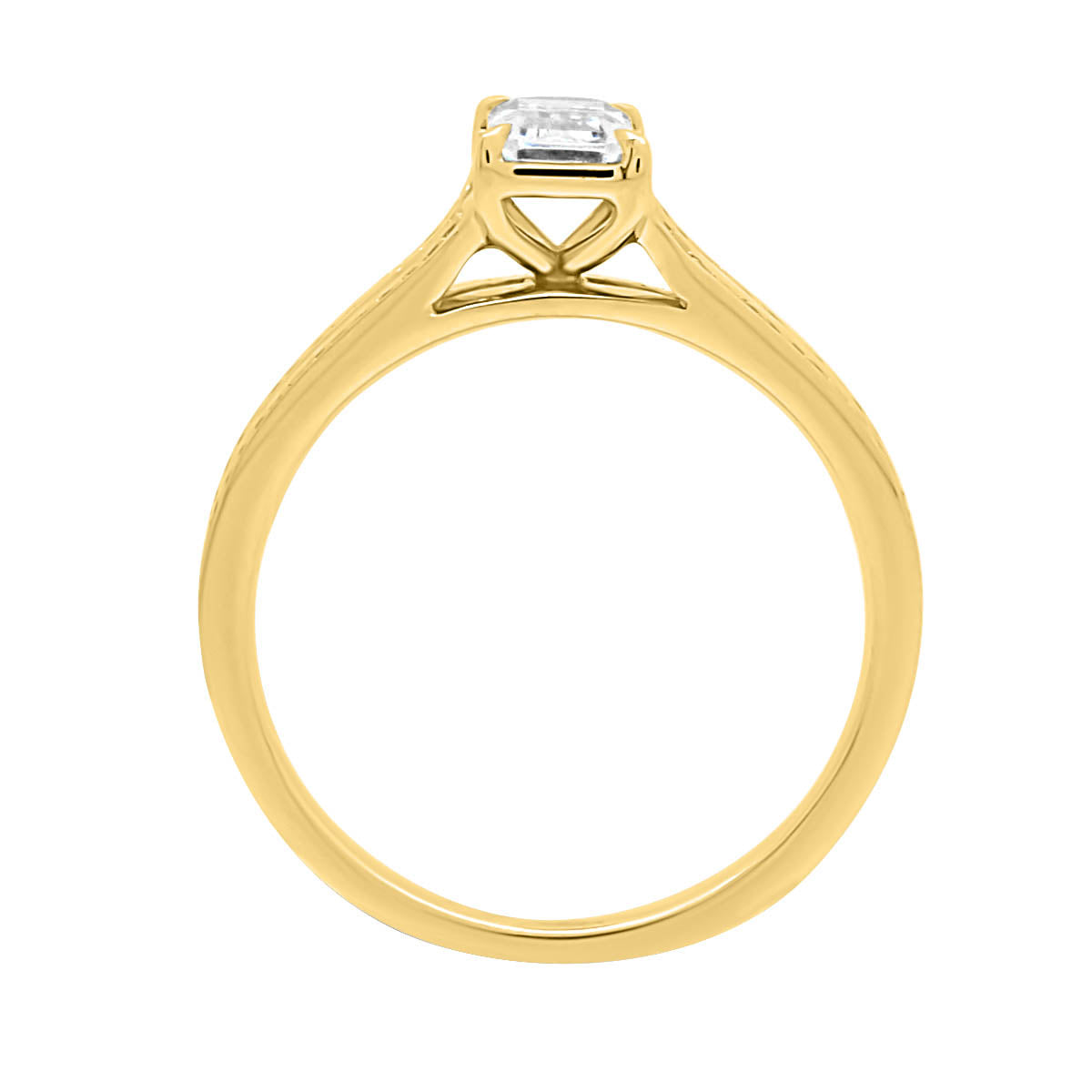 Emerald Cut With Split Shoulders in yellow gold in an upright standing position