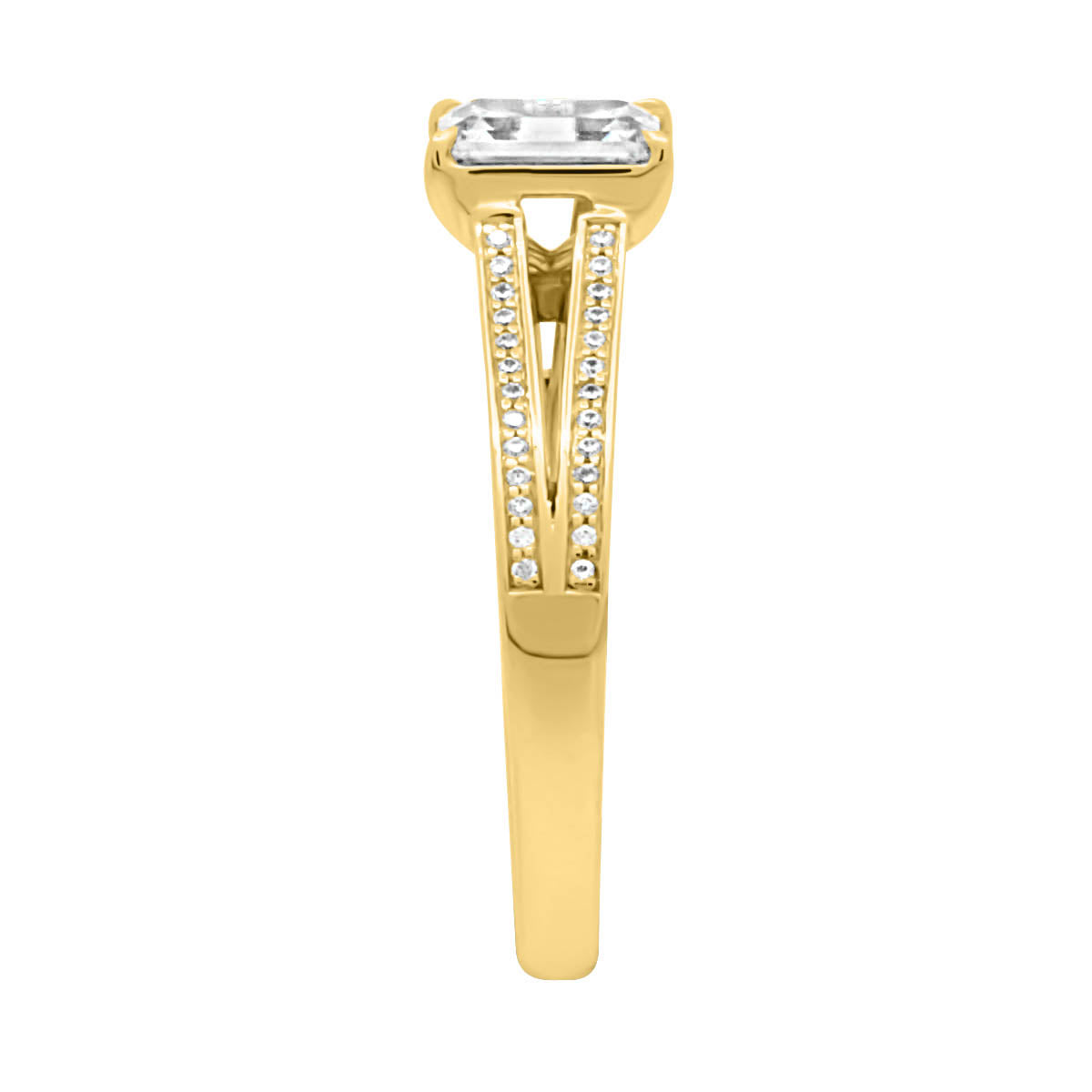 Emerald Cut With Split Shoulders in yellow gold in an upright end view angle