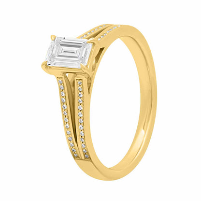 Emerald Cut With Split Shoulders in yellow gold in an angled position