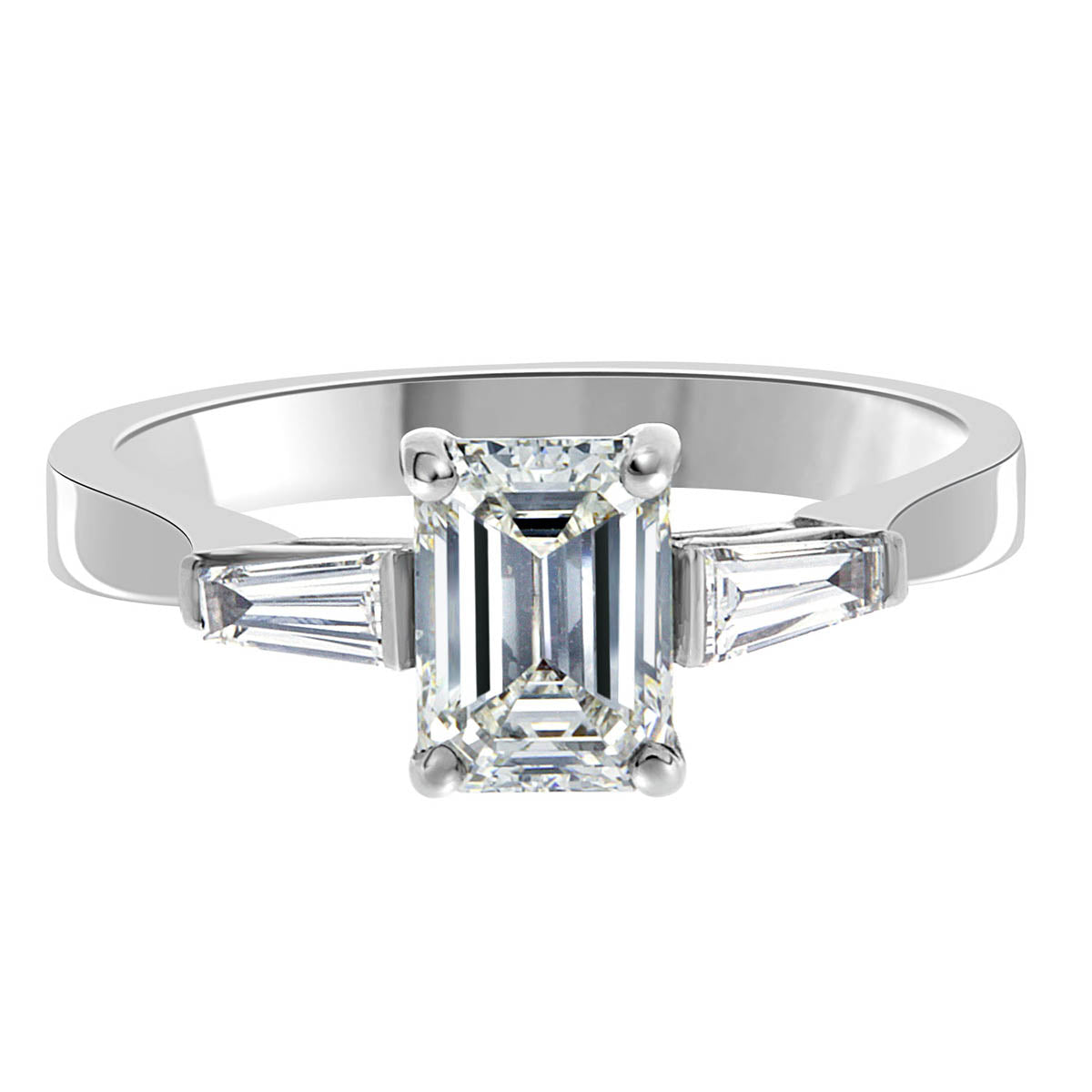 Emerald and Tapered Baguettes Diamond Engagement Ring with Platinum Set Band - 'Elizabeth'