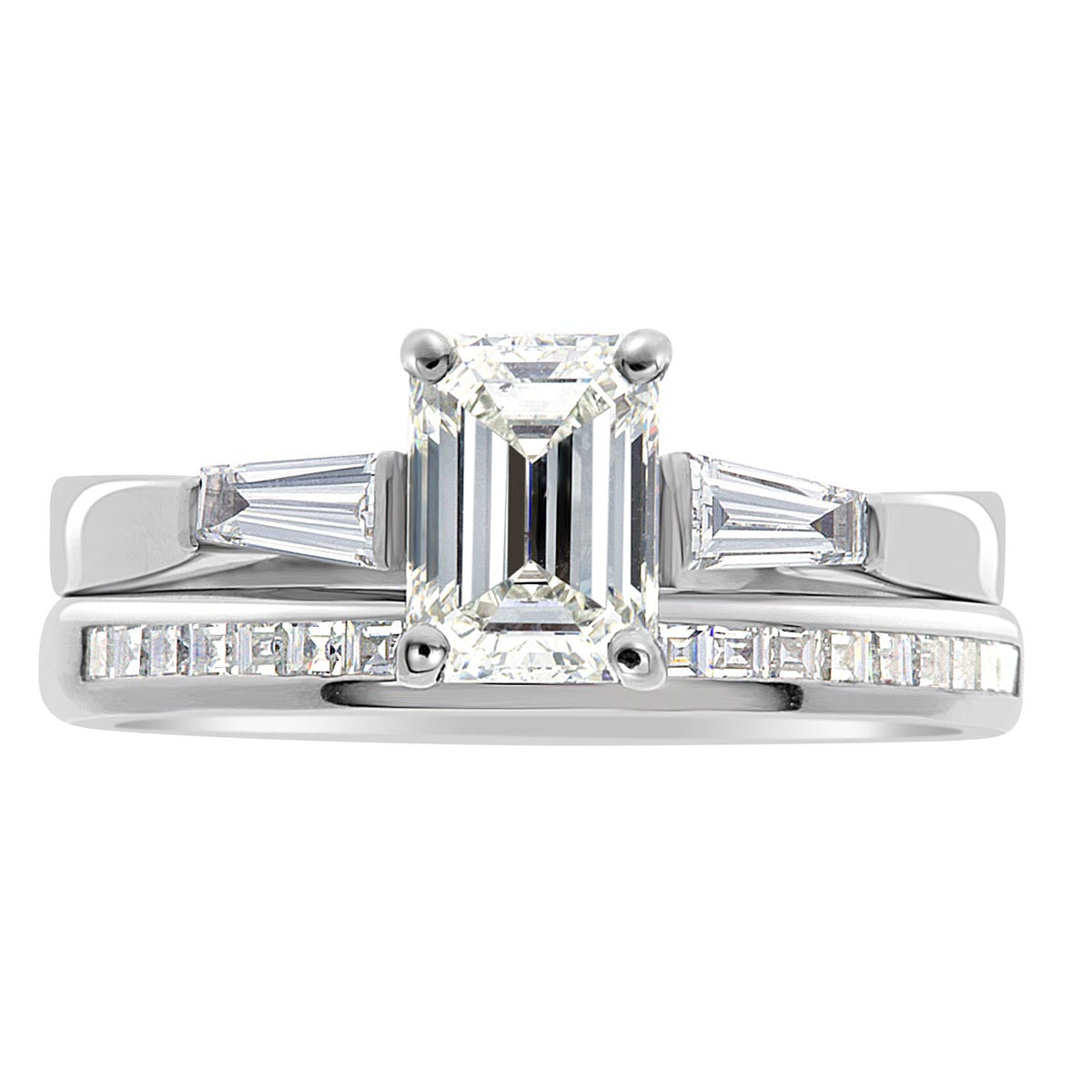 Emerald Cut With Tapered Baguettes in white gold with a diamond wedding ring