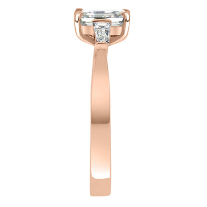 Emerald Cut With Tapered Baguettes in rose gold  upright and from an endview