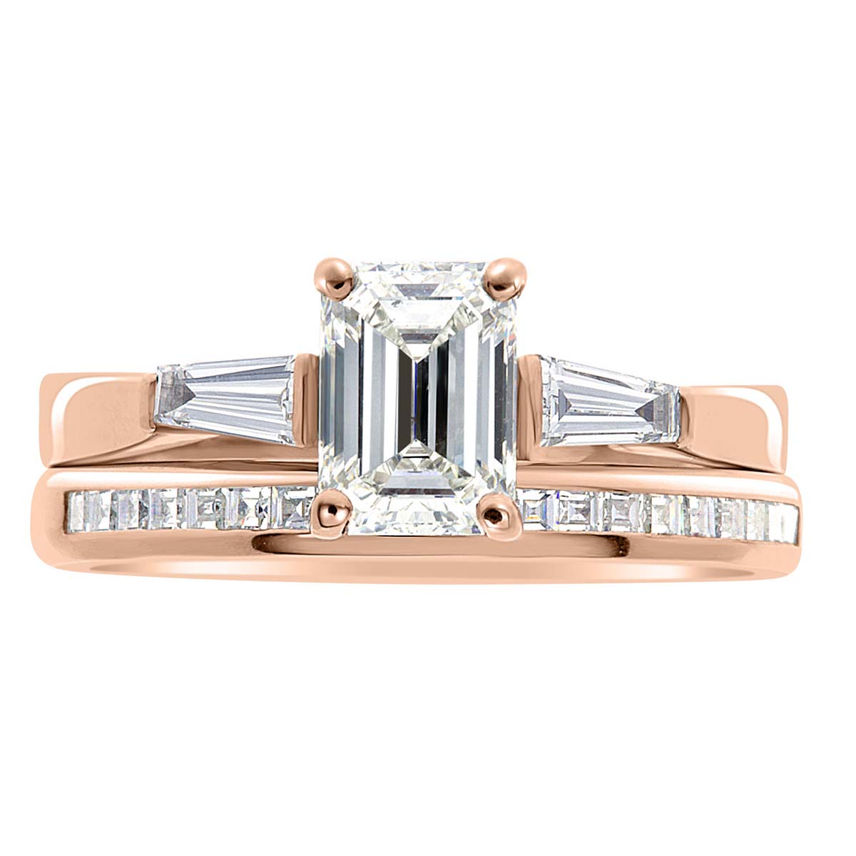 Emerald Cut With Tapered Baguettes in rose gold  with a diamond wedding ring