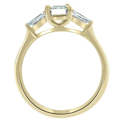 Emerald Cut With Tapered Baguettes in yellow gold standing upright