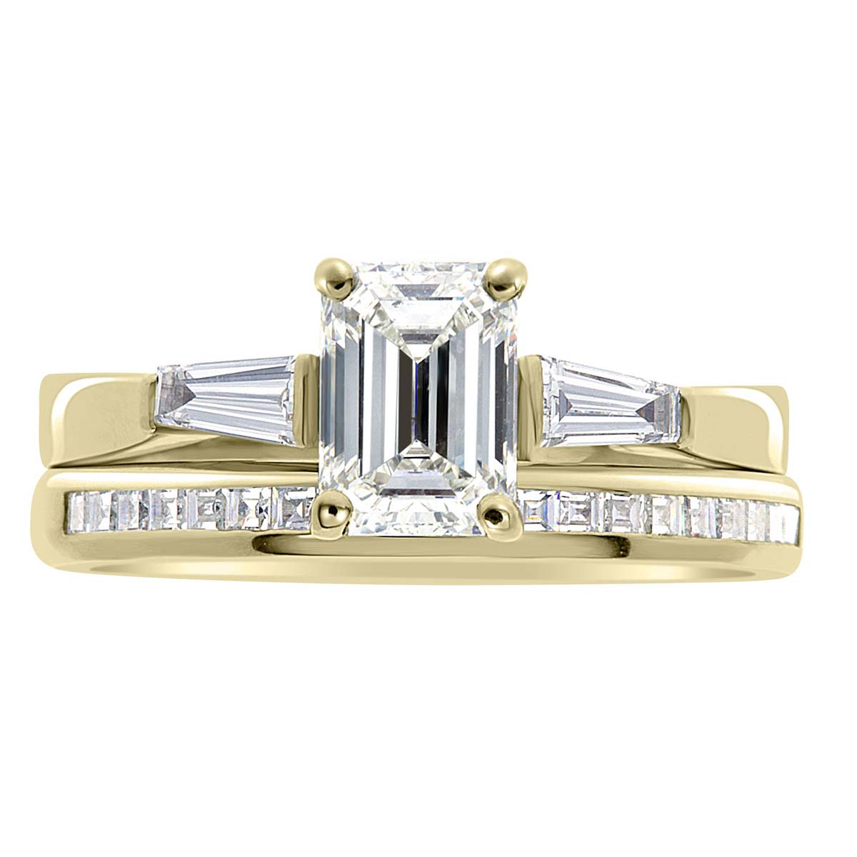Emerald Cut With Tapered Baguettes in yellow gold with a matching diamond wedding ring
