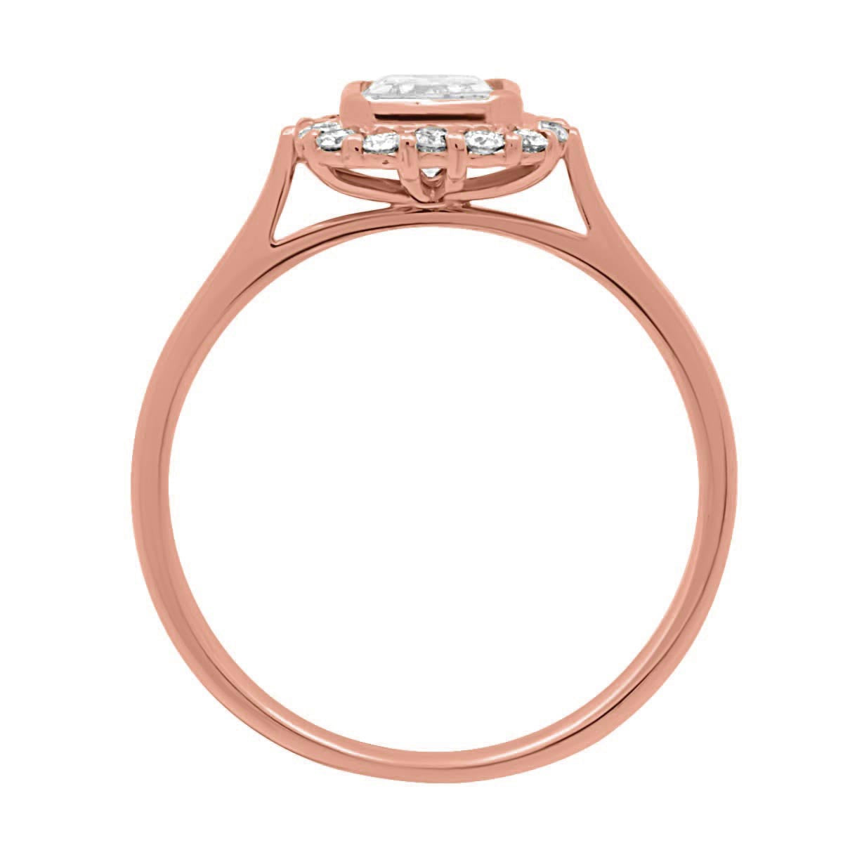 Emerald Halo Engagement Ring in rose gold pictured standing vertically