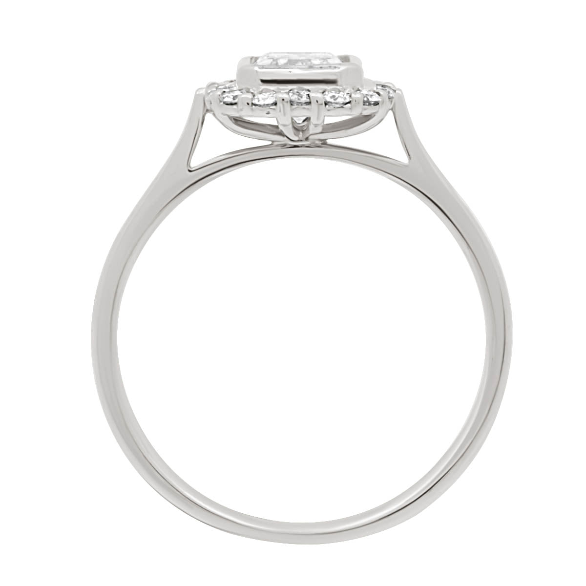 Emerald Halo Engagement Ring in white gold pictured standing vertically