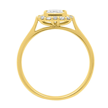 Emerald Halo Engagement Ring in yellow gold pictured standing vertically