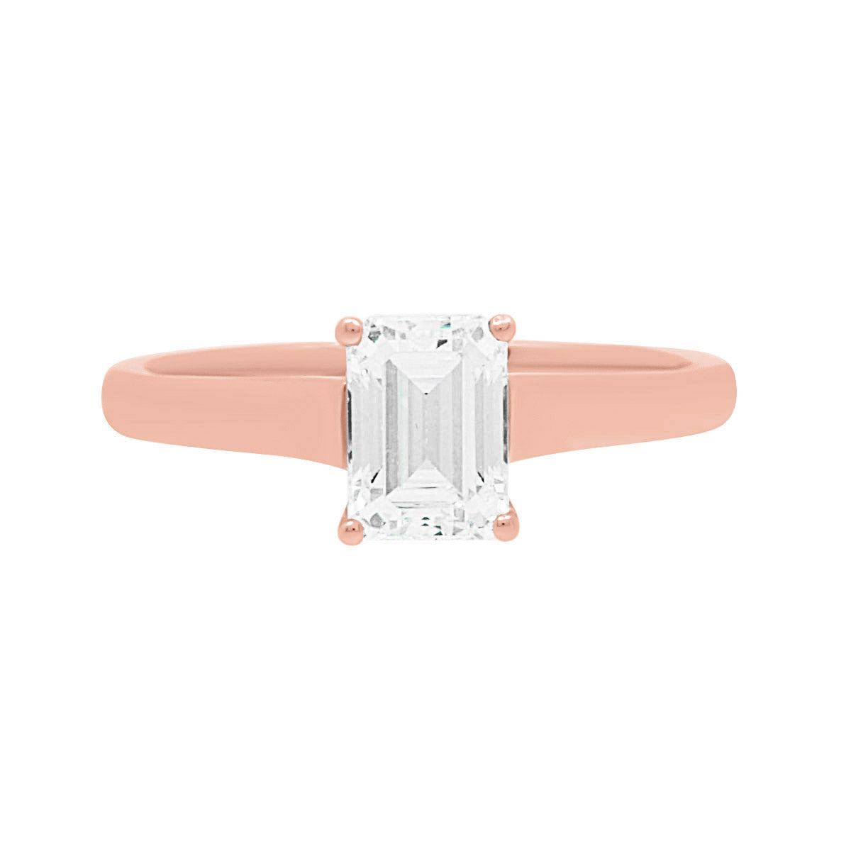 Emerald cut solitaire engagement ring IN Rose Gold lying flat