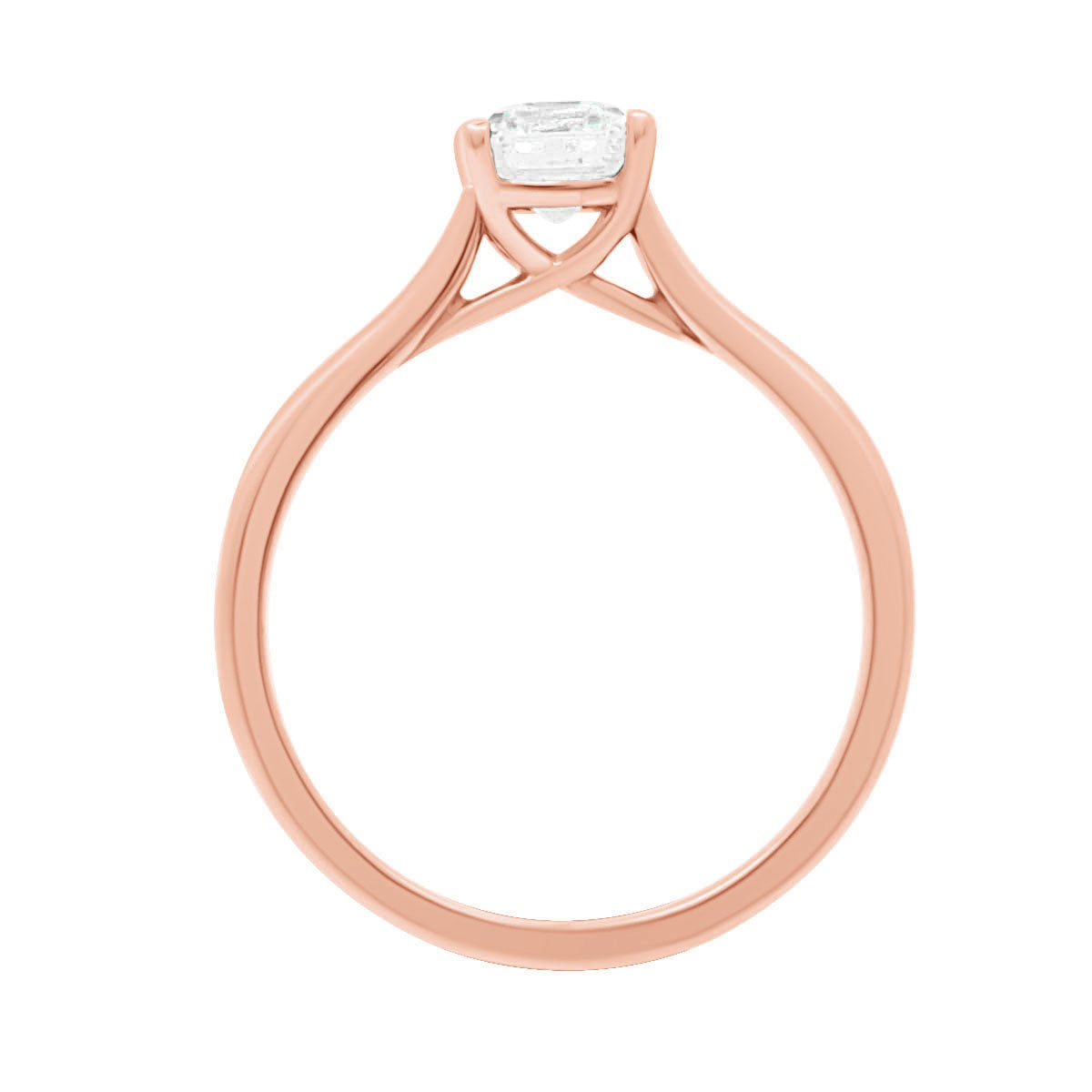 Emerald cut solitaire engagement ring IN rose Gold in an upright position