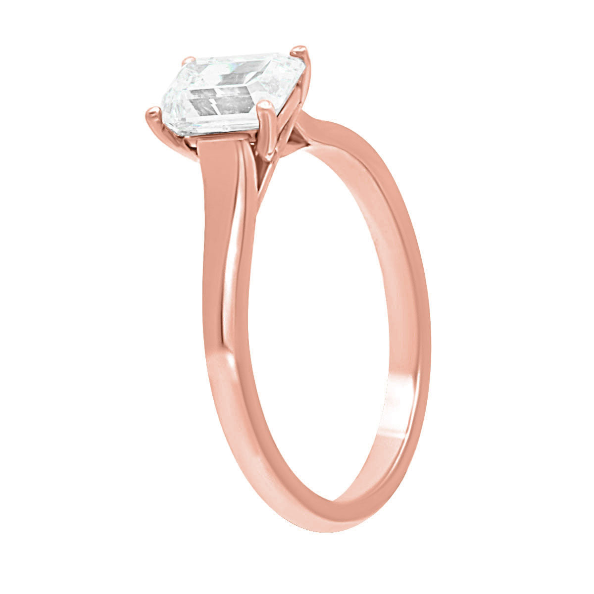 Emerald cut solitaire engagement ring IN rose gold in an upright position