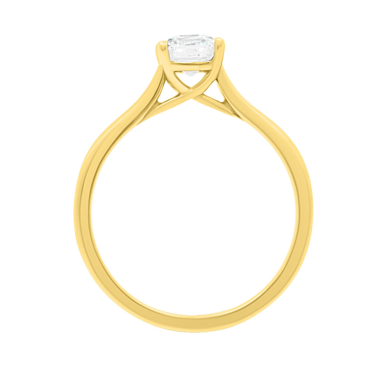 Emerald cut solitaire engagement ring IN Yellow Gold in an upright position
