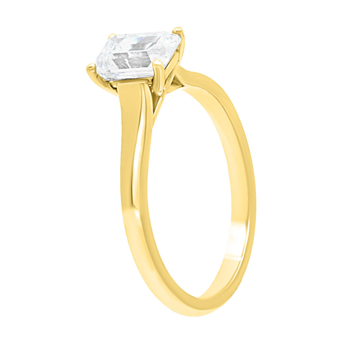 Emerald cut solitaire engagement ring IN Yellow Gold in an angled position