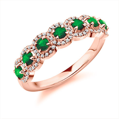 Emerald With Diamond Halo Eternity Ring In White Gold In Rose Gold